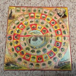 For 72 days between November 1889 and January 1890 journalist Nellie Bly travelled, alone, around the world in emulation of a character in a Jules Verne story. This board game honored the legacy. It emerged from my old family trunk.